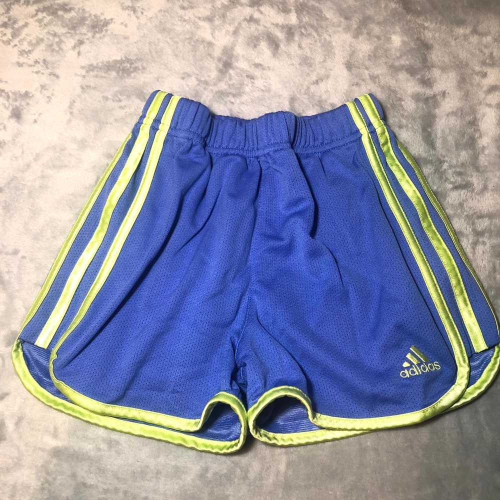 Adidas Girl's Blue Mesh Athletic Shorts Size Small Vtg y2K Neon Green 3 Stripes